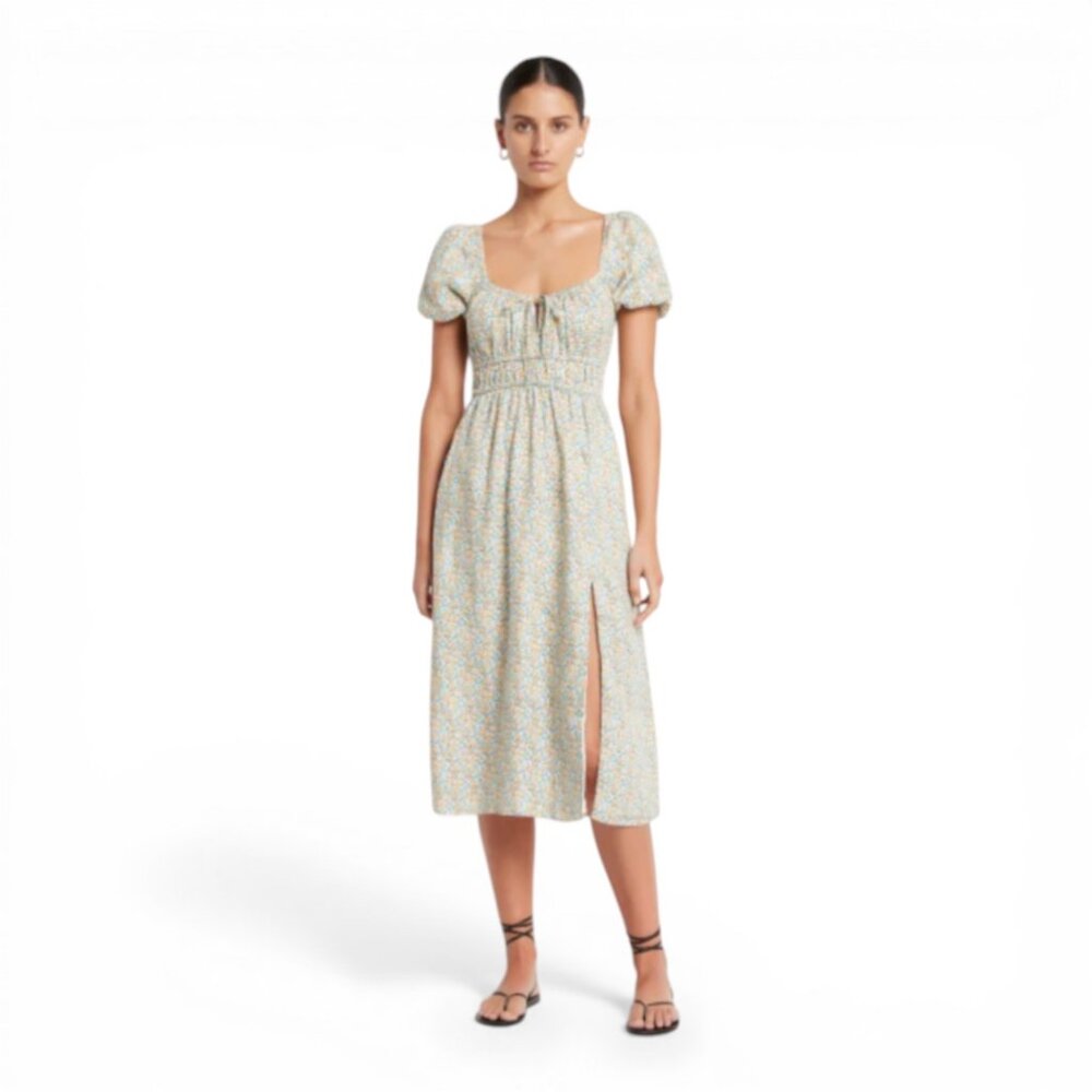 Faithfull The Brand Terina Midi Dress Sabinosa Floral Blue Smocked Size 6 - Picture 2 of 11